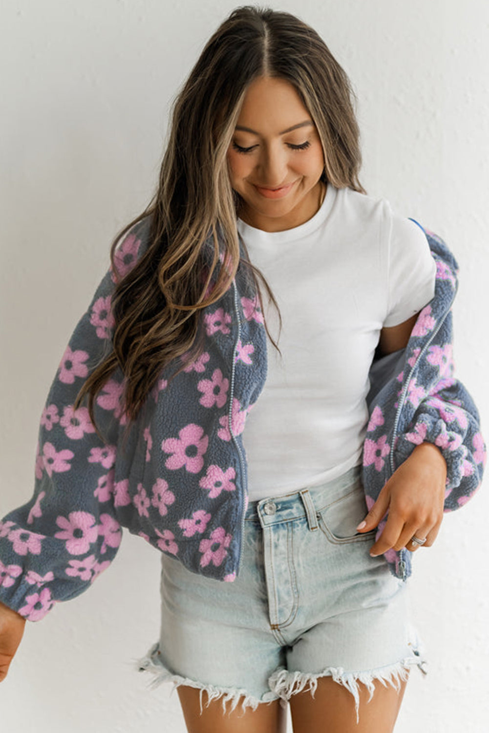 Multicolor Flower Print Zip Up Sherpa Jacket