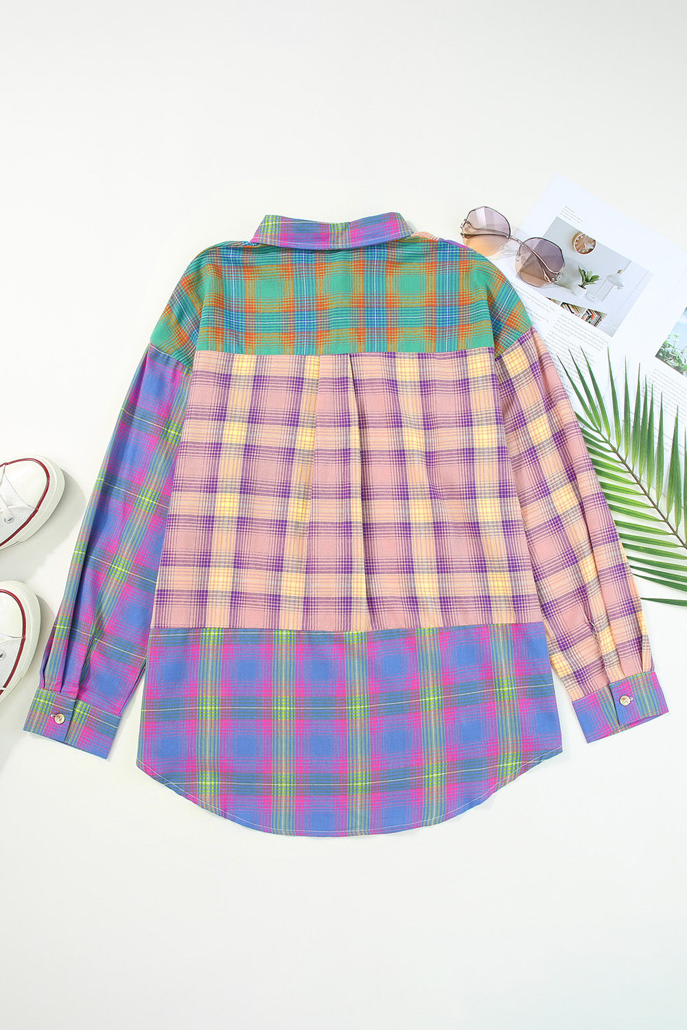 Purple Plaid Colorblock Pockets Button Up Shacket