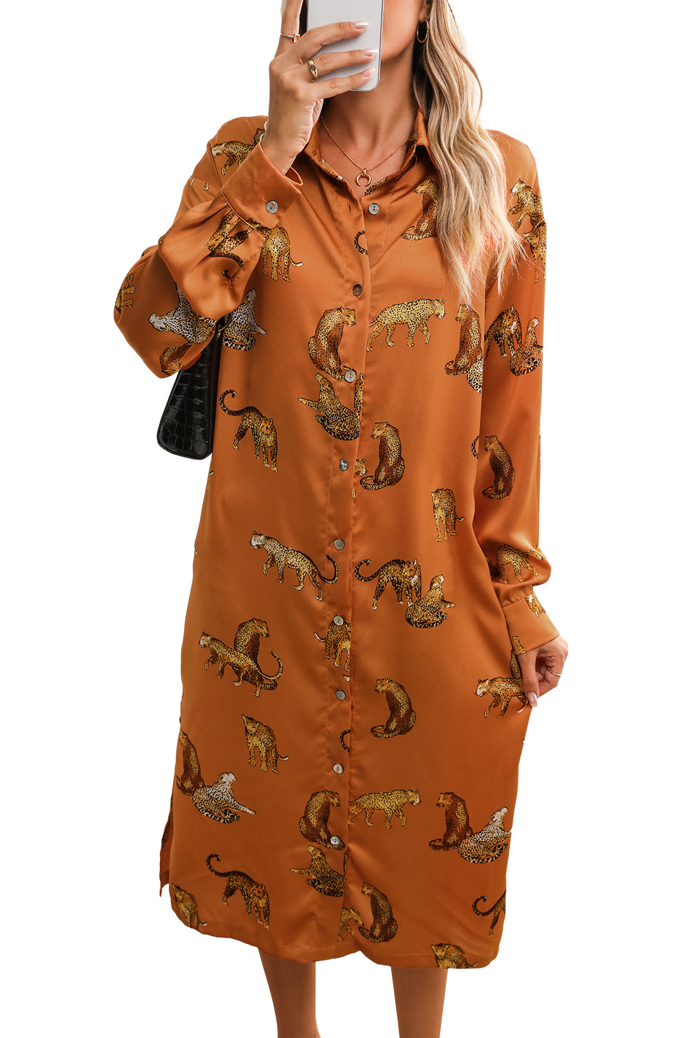 Yellow Animal Print Button-Up Split Maxi Shirt Dress