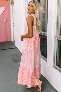 Pink Abstract Sleeveless V Neck Summer Tiered Dress