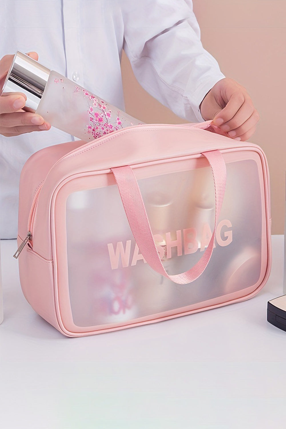 Pink WASHBAG Print Clear Frosted Waterproof Bag Set