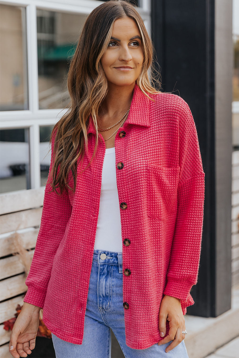 Hot Pink Pocket Buttons Front Waffle Knit Shacket