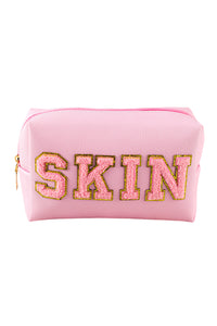 Pink Embroidered SKIN Letter Print Makeup Bag