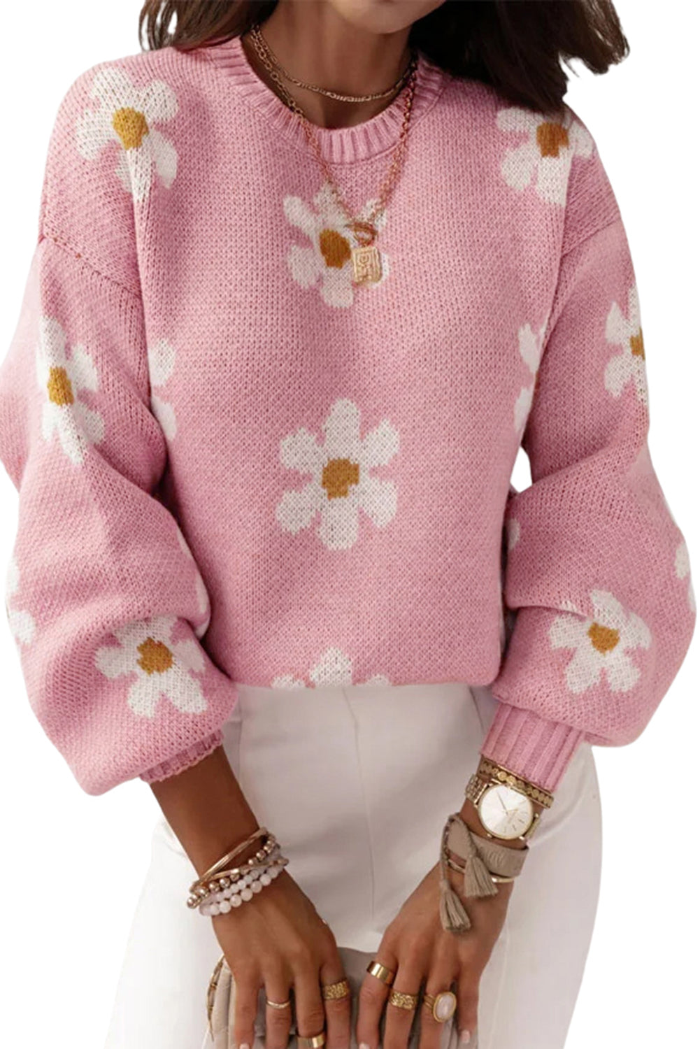 Apricot Floral Pattern Drop Shoulder Pullover Knit Sweater