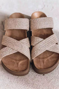 Beige Woven Criss Cross Strap Platform Slip-on Sandals