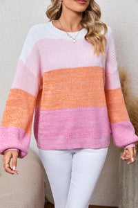 Pink Colorblock Drop Shoulder Pullover Loose Sweater