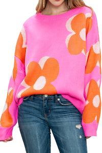 Pink & Orange Floral Cable Knitted Sweater