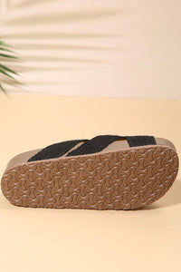 Beige Woven Criss Cross Strap Platform Slip-on Sandals