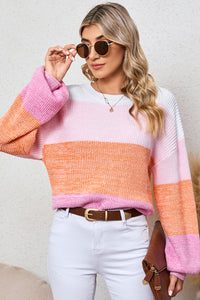 Pink Colorblock Drop Shoulder Pullover Loose Sweater