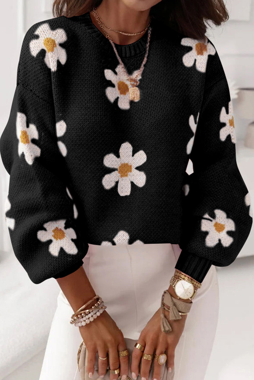 Apricot Floral Pattern Drop Shoulder Pullover Knit Sweater