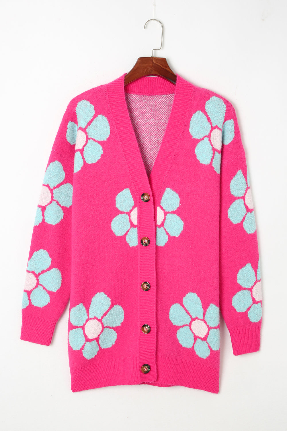 Pink Floral Pattern Drop Shoulder Button Up Cardigan