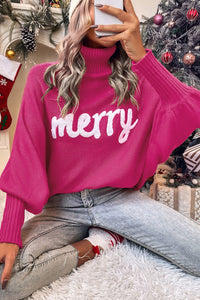 Red Turtle Neck Batwing Sleeve Merry Christmas Sweater