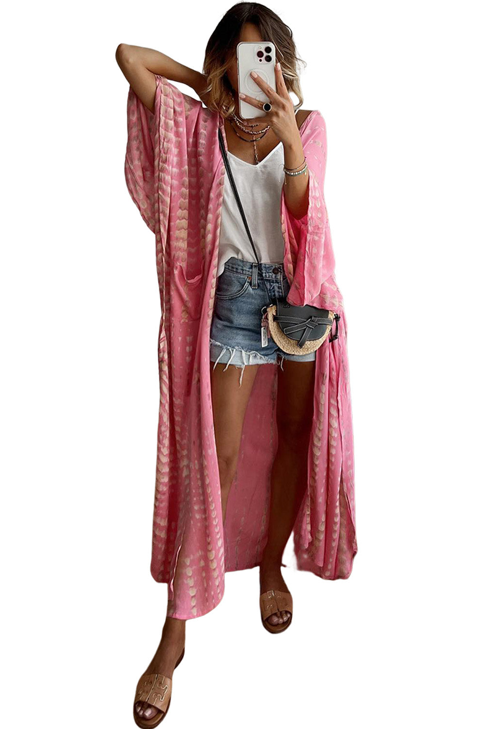 Pink Bohemian Tie Dye Oversize Long Kimono