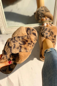 Brown Leopard Crossed Straps Furry Slippers