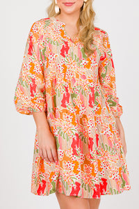 Multicolor Abstract Split Neck Puff Sleeve Boho Dress