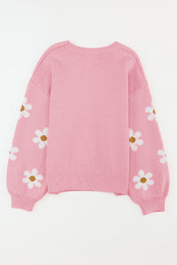 Apricot Floral Pattern Drop Shoulder Pullover Knit Sweater