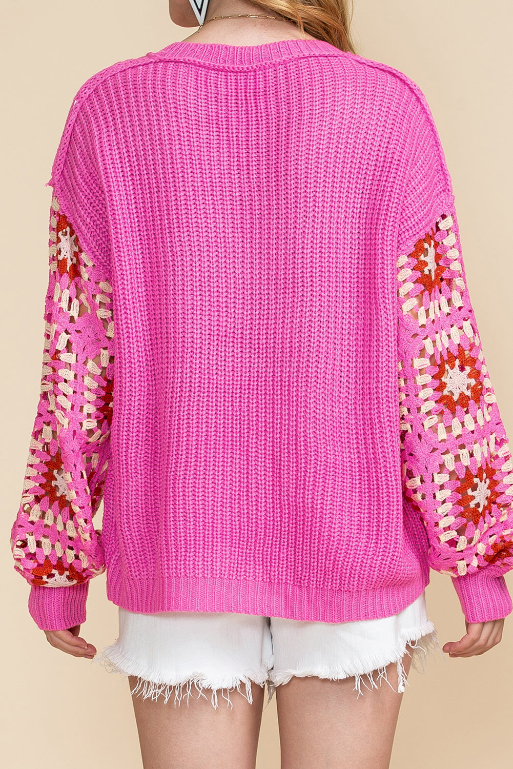 Rose Crochet Long Sleeve Knitted Pullover V Neck Sweater