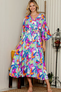 Multicolour Abstract Print High Waist V Neck Maxi Dress