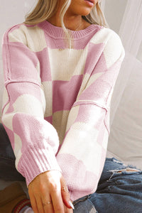 Pink Checked Bishop Sleeve Pullover Sweater