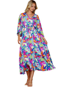 Multicolour Abstract Print High Waist V Neck Maxi Dress