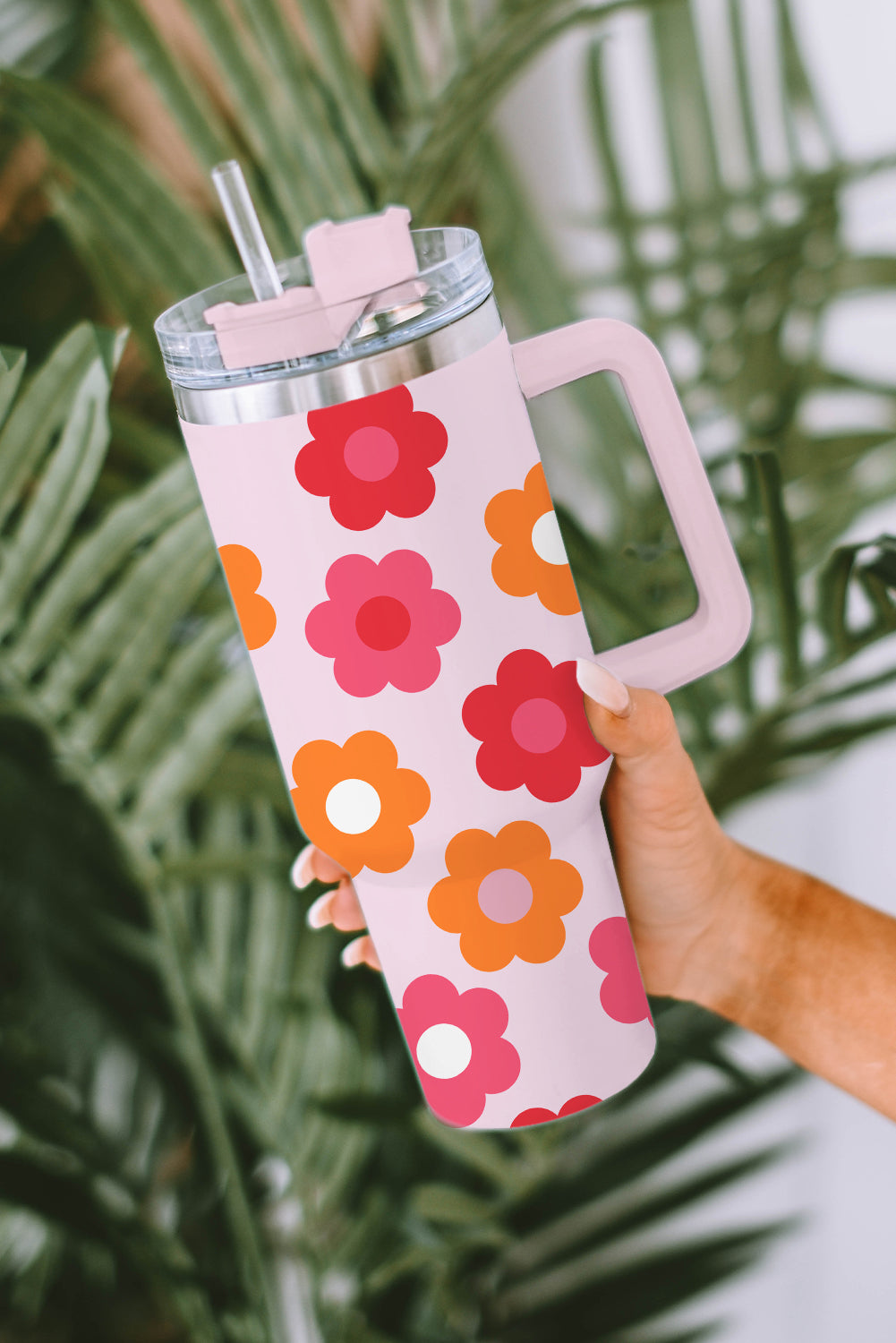 Multicolor Flower Print Handled Stainless Steel Tumbler