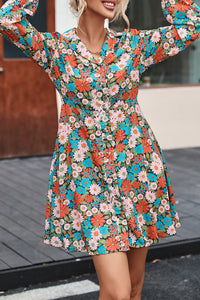 Multicolour Vibrant Floral Print Lapel Collar Button Closure Shirt Dress