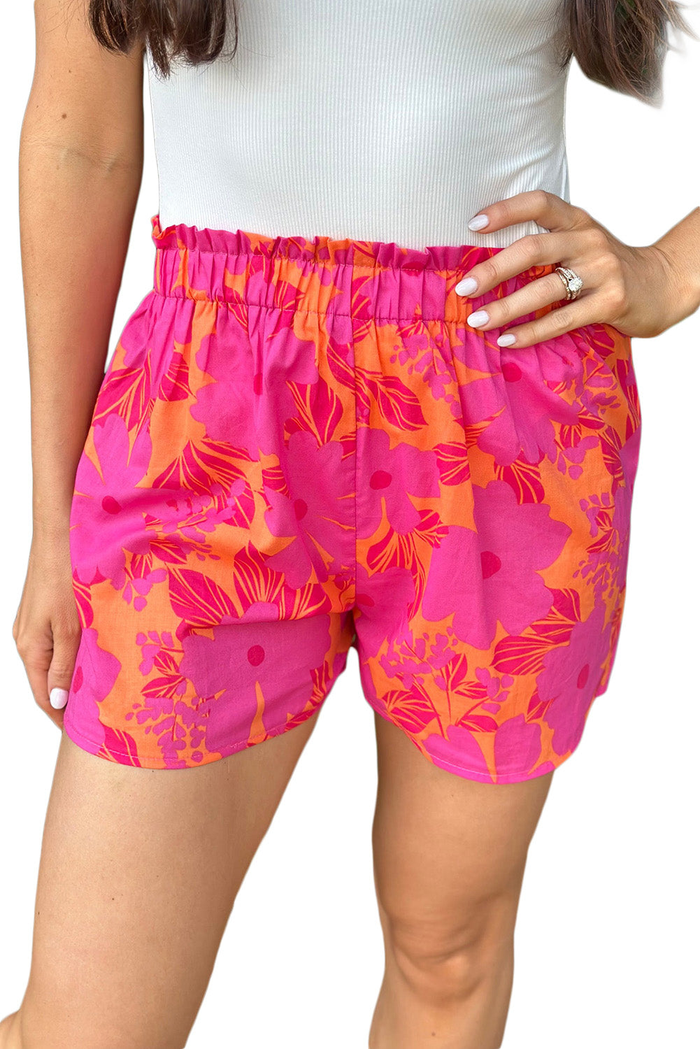 Pink Floral Print Smocked Waist Shorts