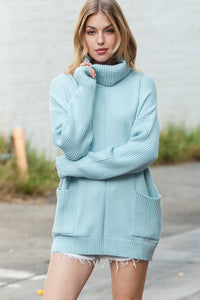 Blue Pockets Turtleneck Ribbed Oversized Sweater