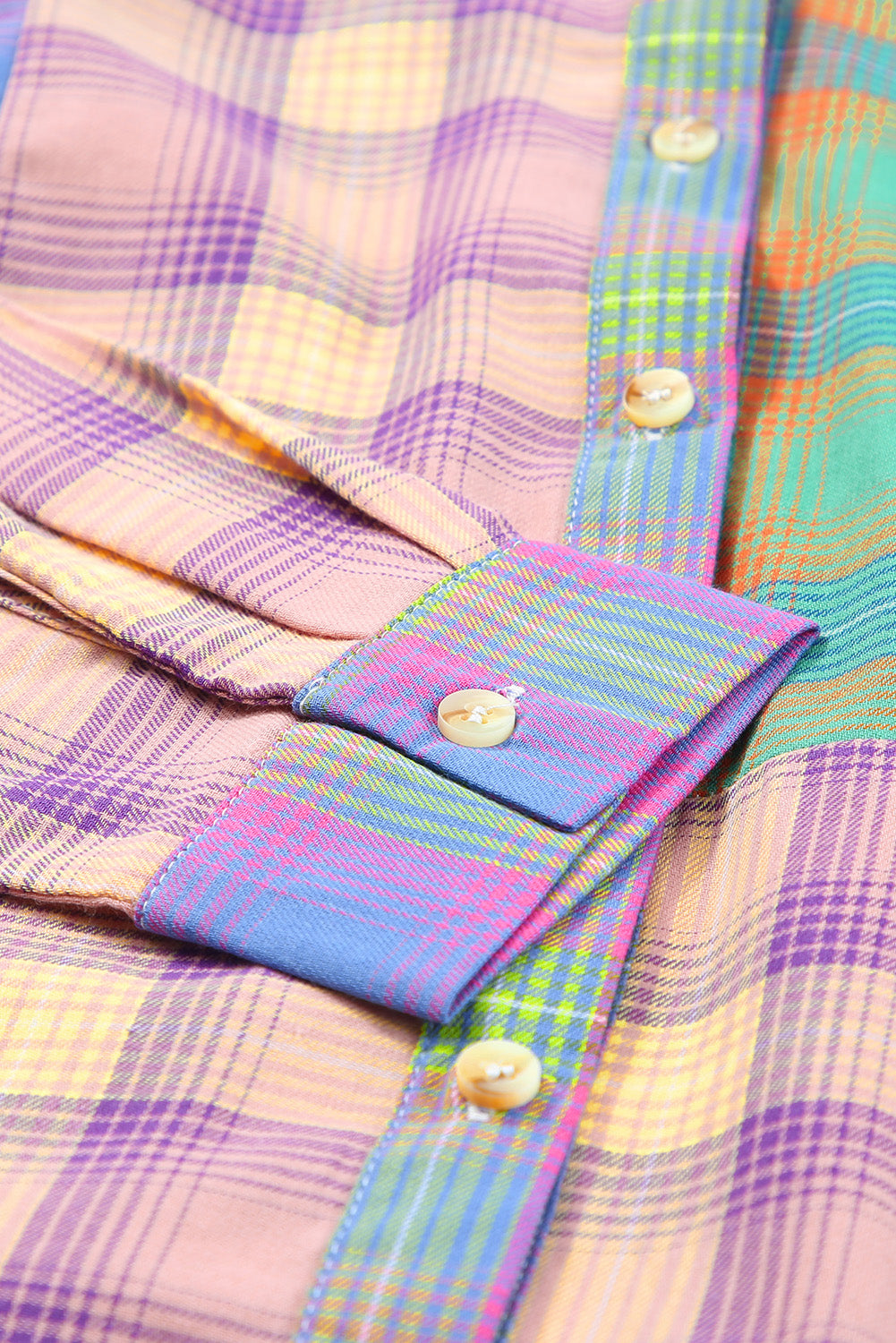 Purple Plaid Colorblock Pockets Button Up Shacket