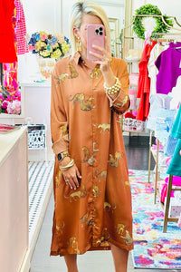 Yellow Animal Print Button-Up Split Maxi Shirt Dress