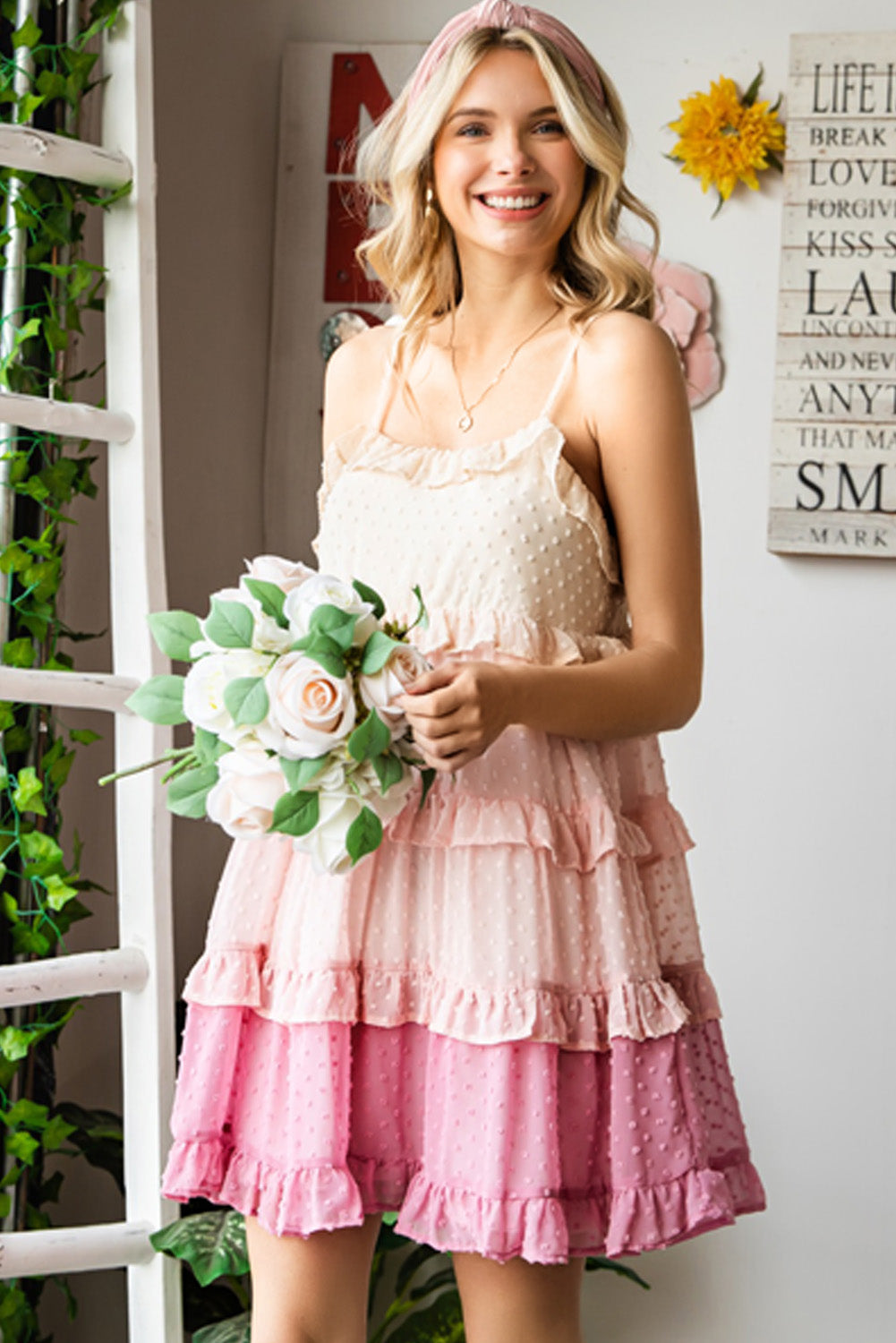 Pink Color Block Swiss Dot Tiered Spaghetti Strap Dress