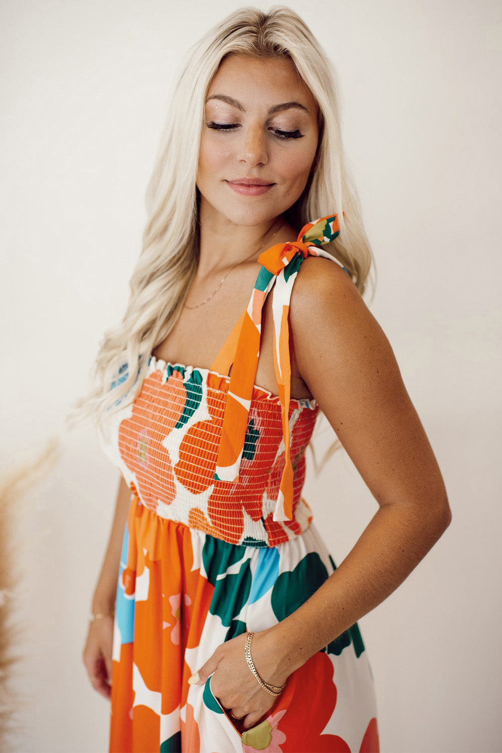 Orange Floral Printed Shoulder Tie Smocked Maxi Dress – PINKCOLADA