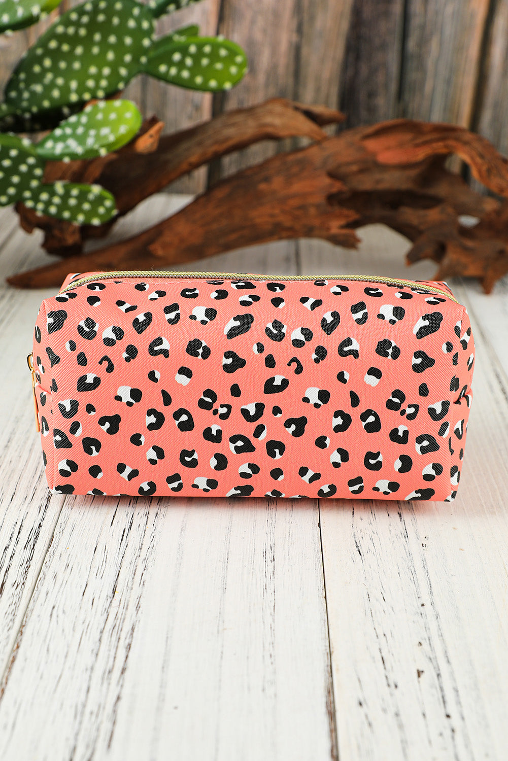 Pink 19*8*9cm Leopard Print Zipped Cosmetic Storage Bag