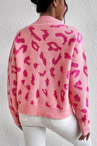 Pirouette Leopard Pattern Mock Neck Ribbed Trim Sweater