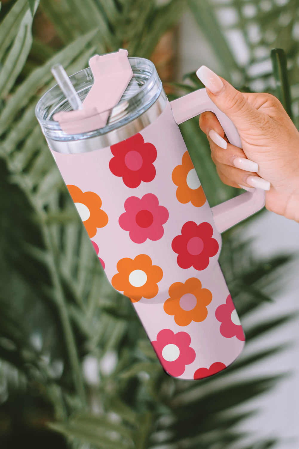 Multicolor Flower Print Handled Stainless Steel Tumbler