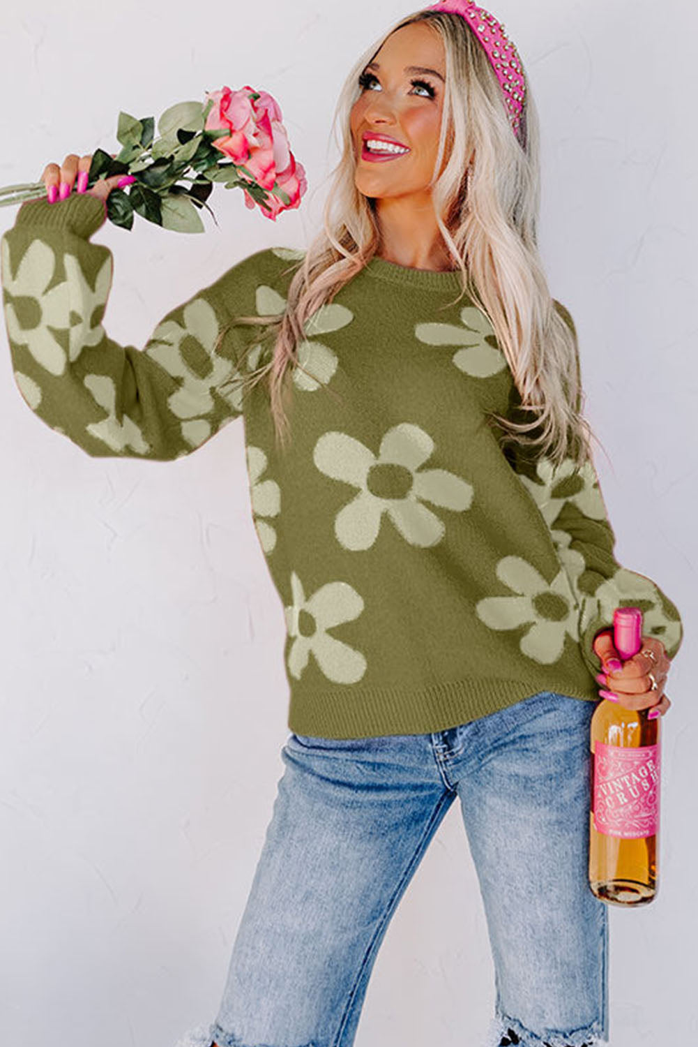 Cypress Floral Print Knitted Long Sleeve Pullover Sweater