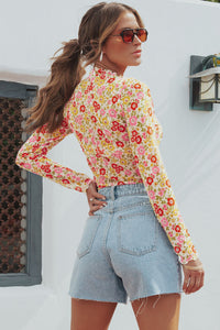 Multicolor Floral Frill Neck Boho Long Sleeve Blouse