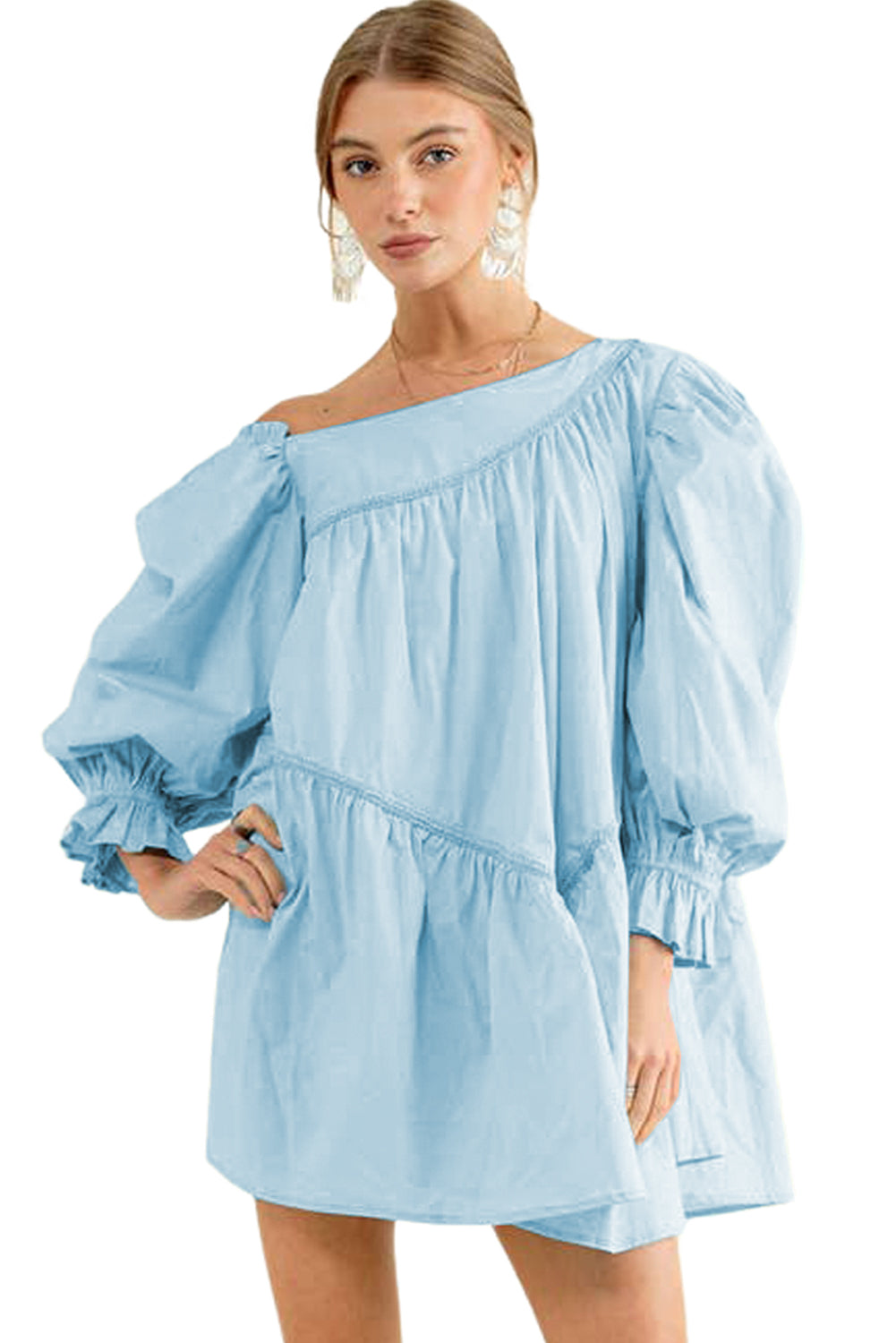 Sky Blue Puff Sleeve Asymmetric Pleated Flowy Mini Dress