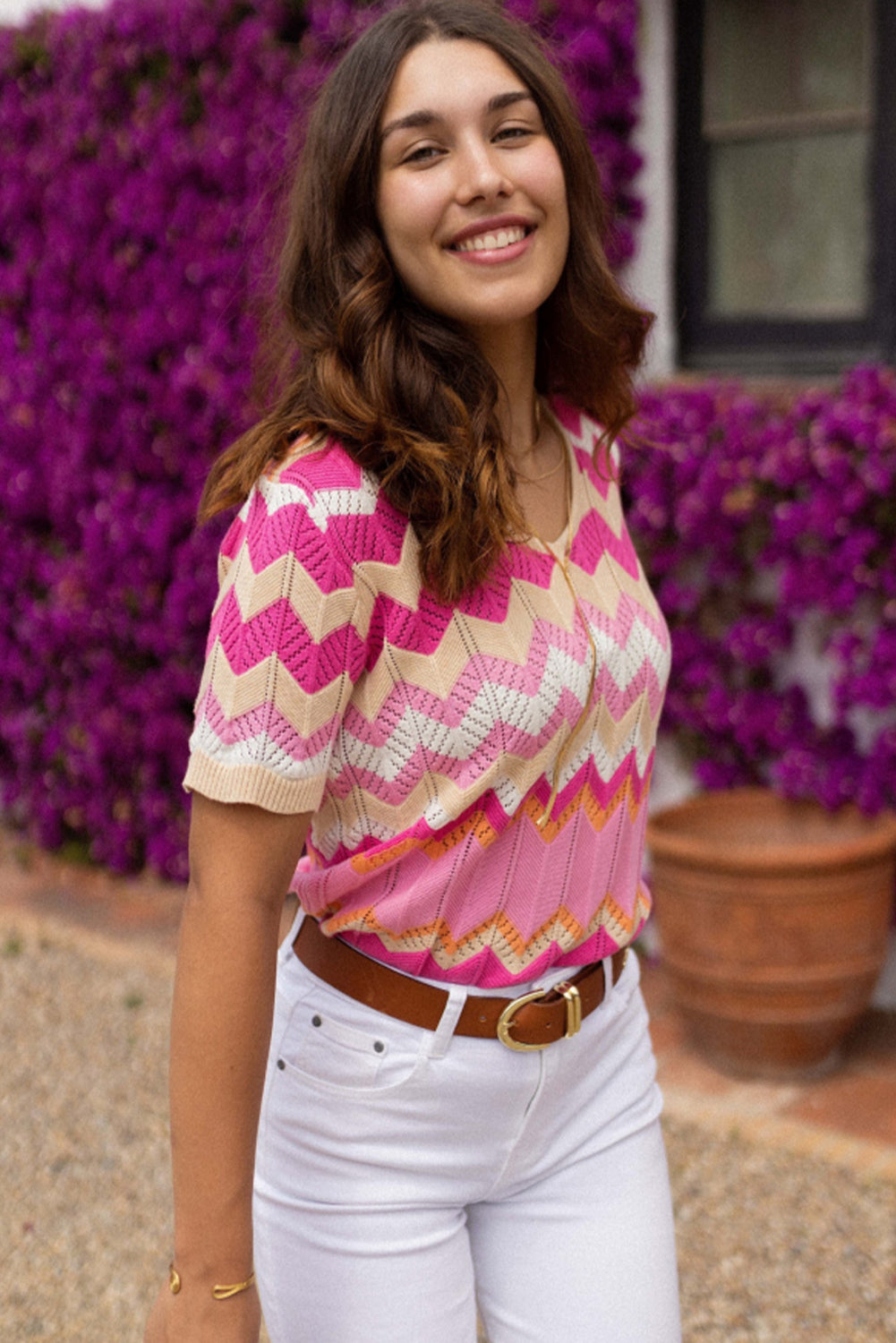 Pink Chevron Pattern Pointelled Knit V Neck Short Sleeve T-shirt