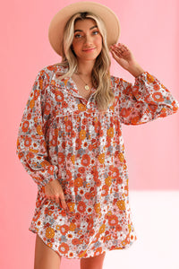 Orange Boho Floral Print V Neck Pocketed Mini Dress