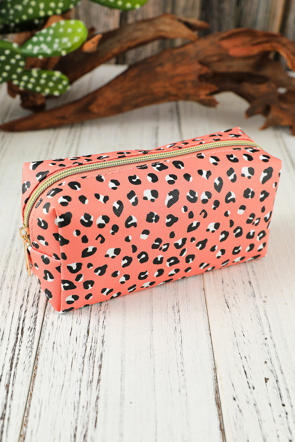 Pink 19*8*9cm Leopard Print Zipped Cosmetic Storage Bag