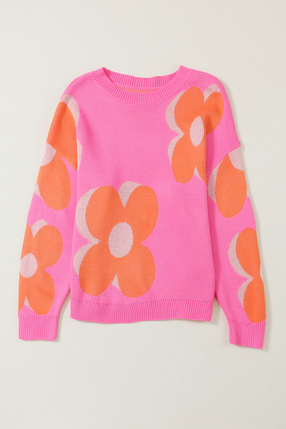 Pink & Orange Floral Cable Knitted Sweater