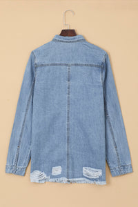 Light Blue Ripped Raw Hem Casual Button Up Denim Shacket