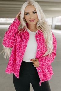 Pink Leopard Print Button Cuffs Raw Hem Jacket