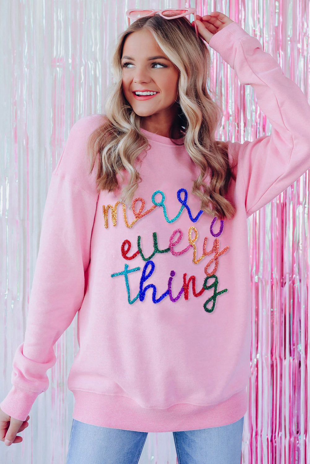 Pink Merry Every Thing Glitter Letter Christmas Sweatshirt