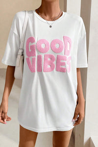 White GOOD VIBES Chenille Letter Oversized T Shirt