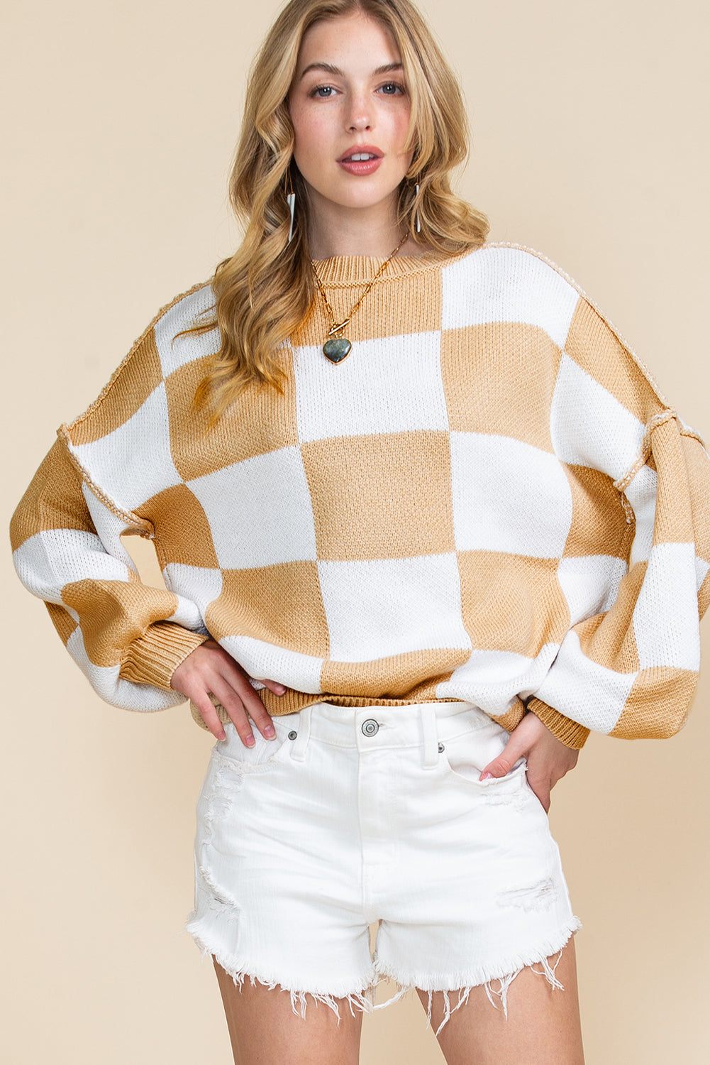 Pink Checked Bishop Sleeve Pullover Sweater