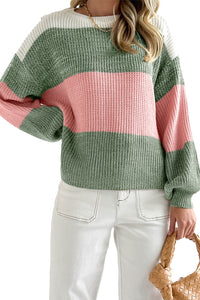 Pink Colorblock Drop Shoulder Pullover Loose Sweater