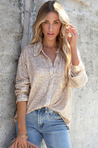 Apricot Sequin Collared Button Up Shirt