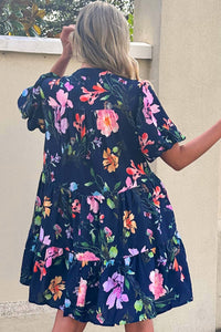 Black Floral Bubble Sleeve Button Mandarin Collar Dress